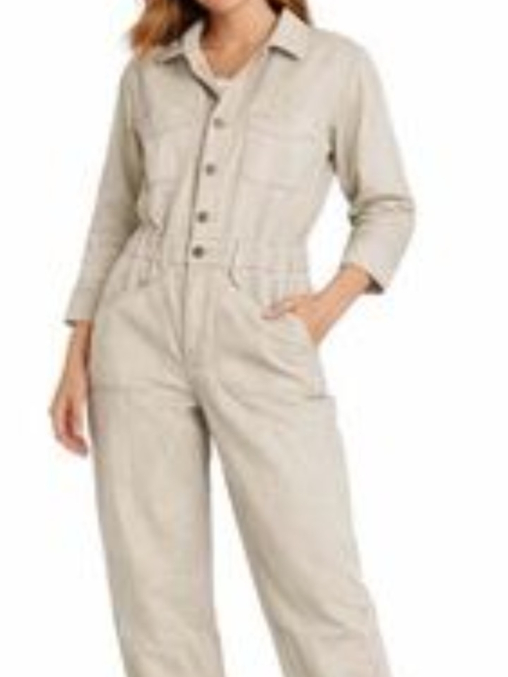 Utility Button-Front Jumpsuit in Light Beige New With Tags